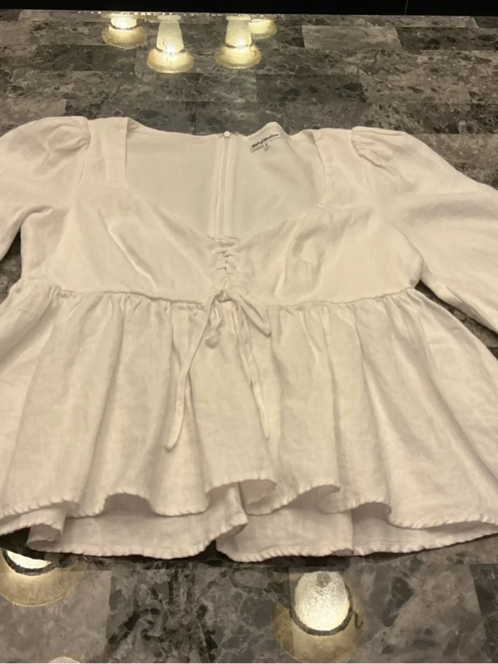 Reformation Linen White Puff-Sleeve Babydoll Top Lace-Up Bodice Boho Size 10